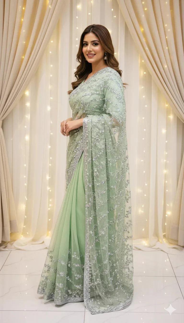 Woman in light green embroidered saree standing indoors with curtain and fairy lights backdrop
