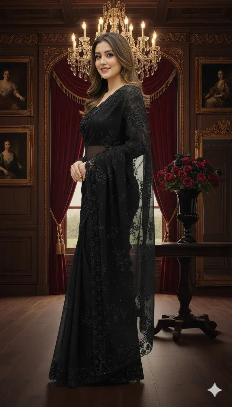 Woman in elegant black saree posing in ornate room with chandelier and vintage portraits