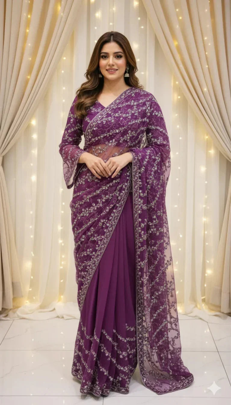 Woman in a purple embroidered saree posing indoors with curtain and string lights backdrop