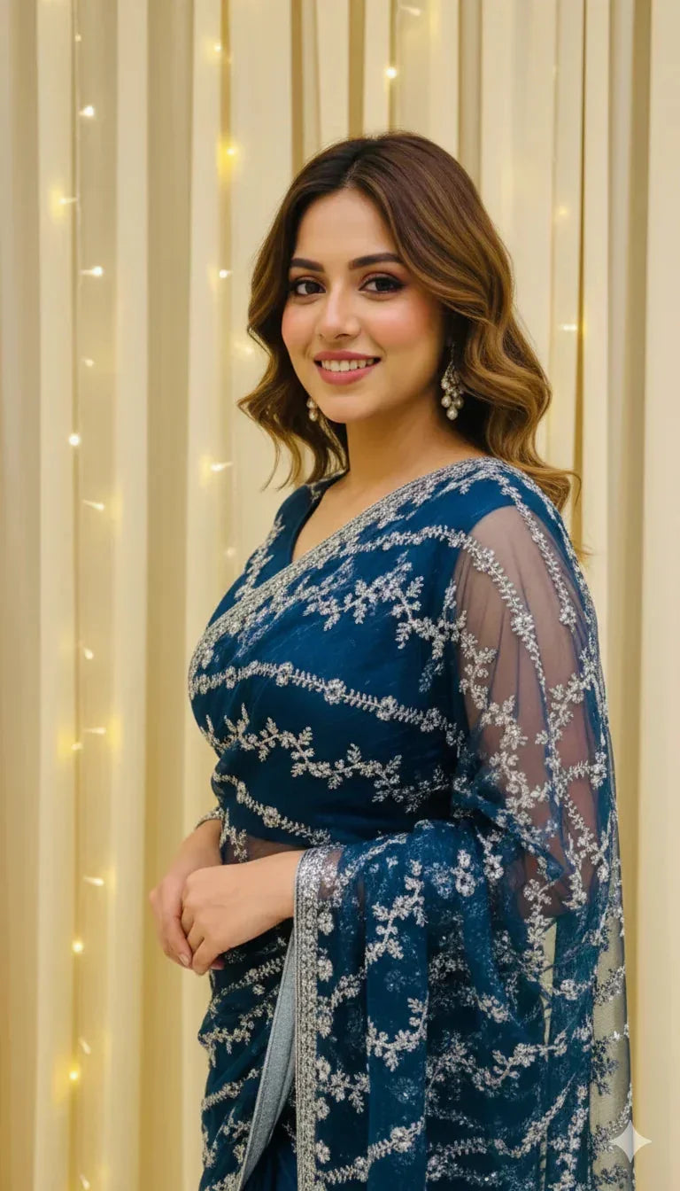 Woman in blue embroidered saree standing against beige curtain with fairy lights, Sareeium jan