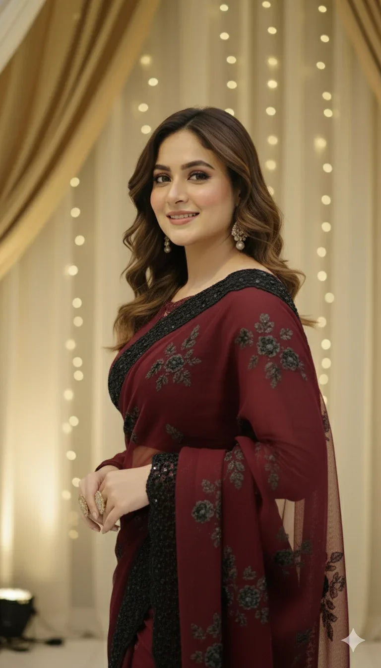 MHROON PEARL HANDMADE SAREE