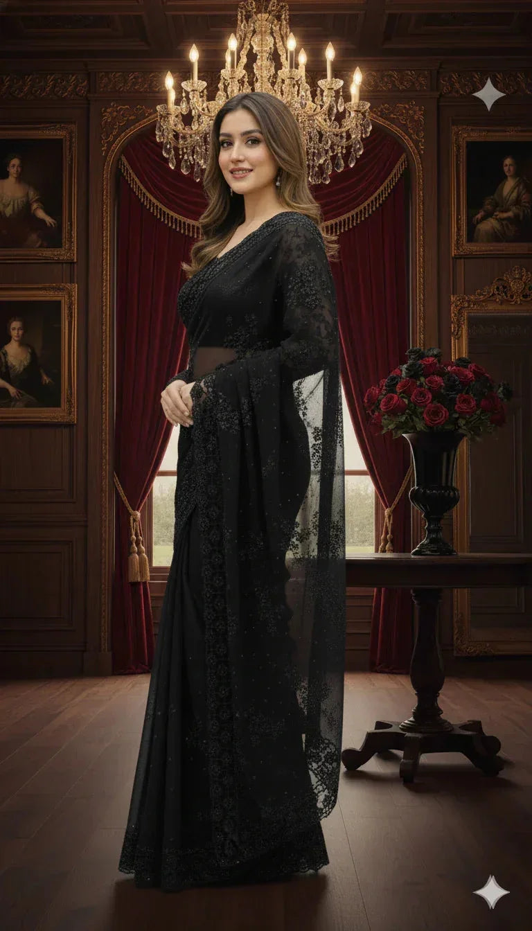 Woman in elegant black embroidered saree in ornate room with chandelier and floral décor.