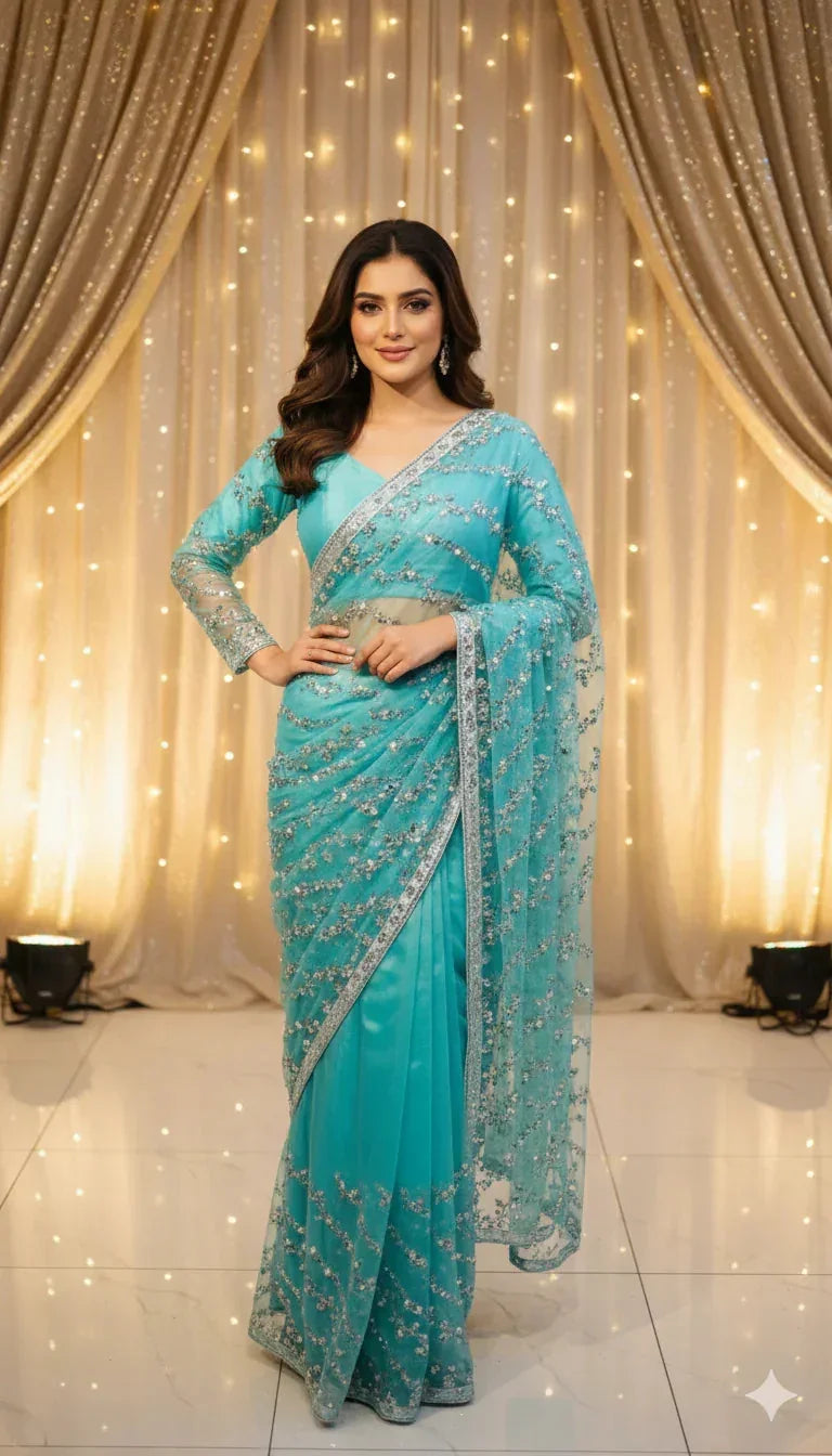 Woman in turquoise saree with silver embroidery posing indoors, Sareeium jan fashion