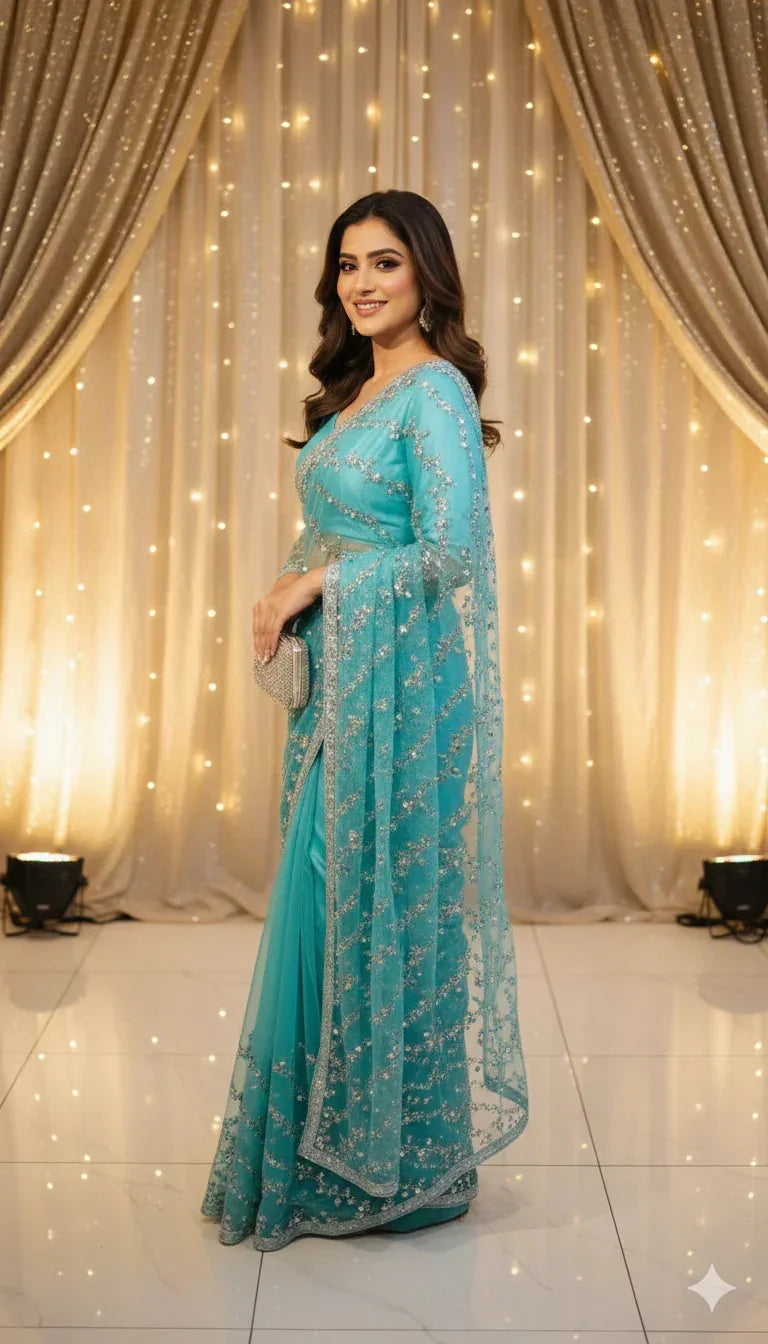 Woman in blue embroidered saree posing at Sareeium jan event with golden backdrop lights