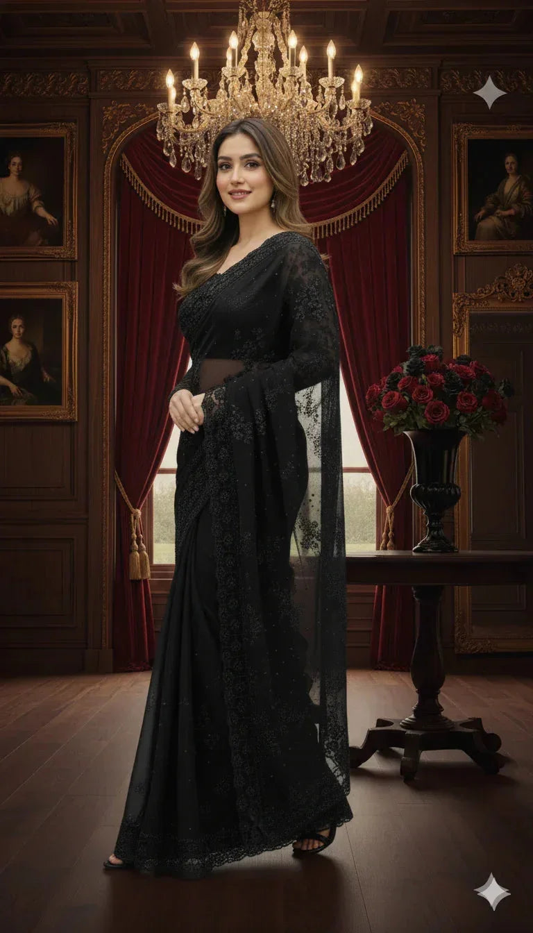 Woman in an elegant black embroidered saree standing in a luxurious room with a chandelier