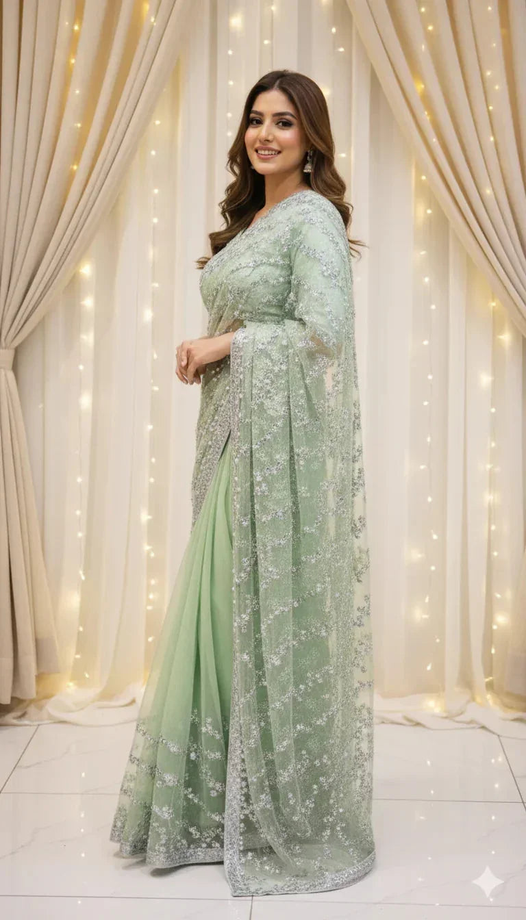 Woman in pastel green embroidered saree posing indoors with elegant drapes and fairy lights