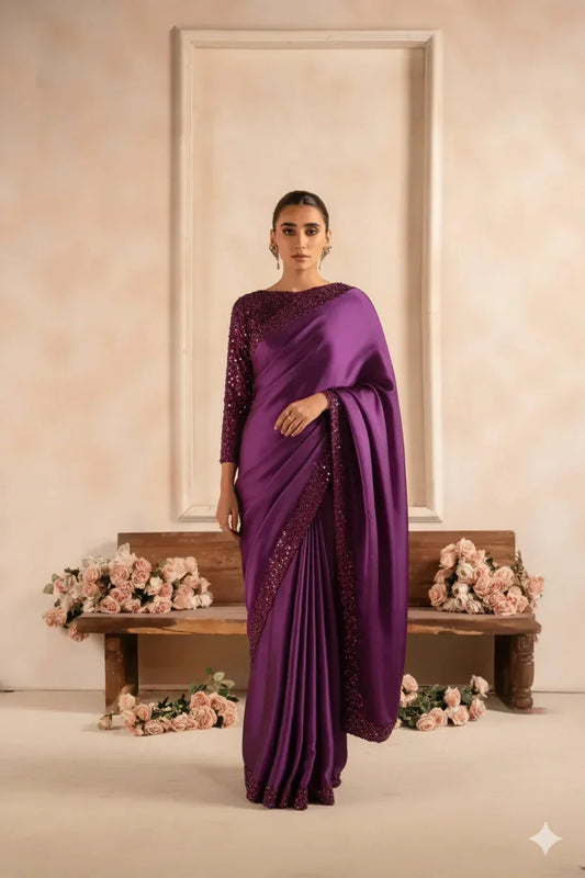 Woman in elegant purple saree with sequin trim, standing indoors with floral decor, Sareeium jan