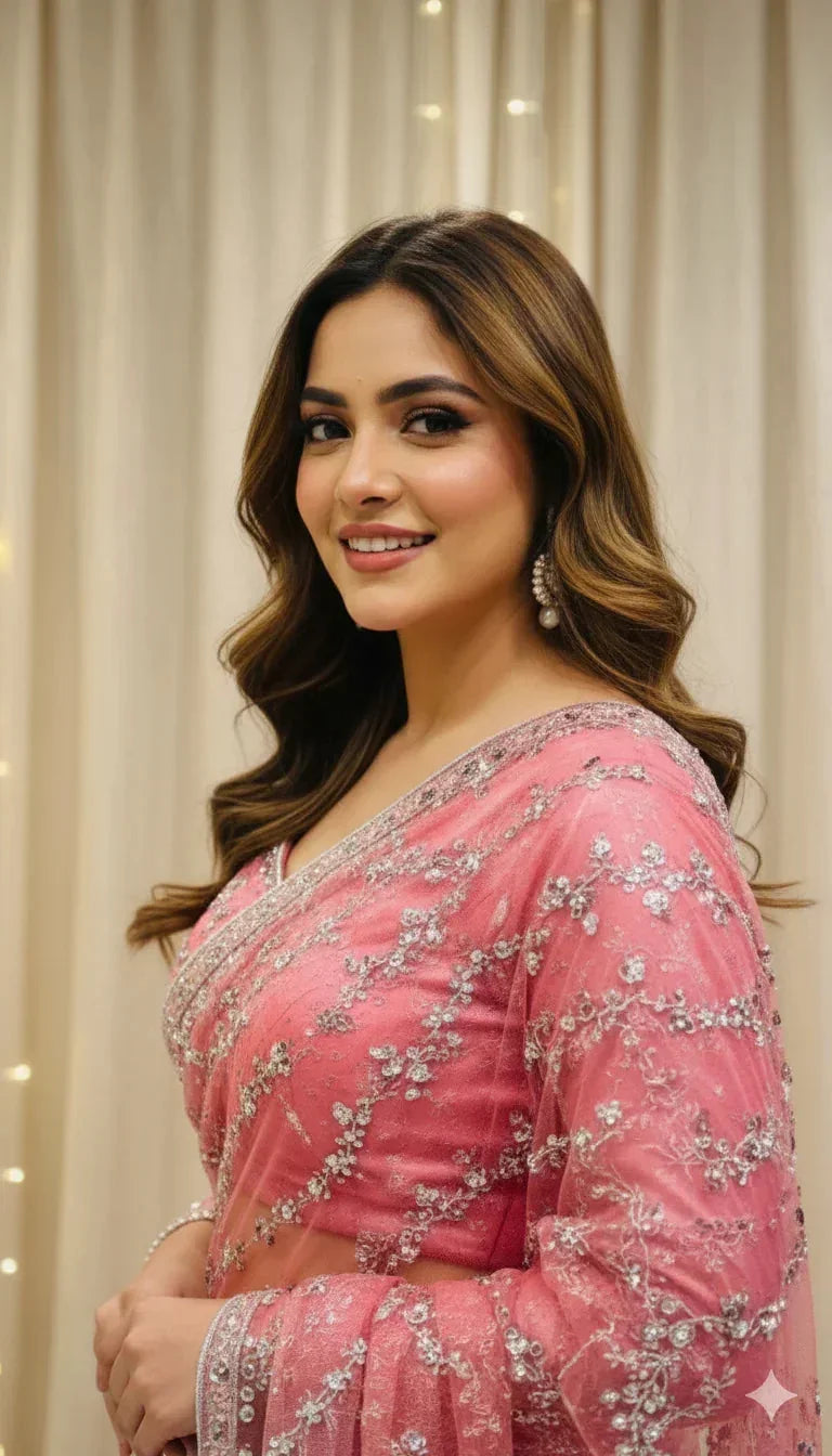 Woman in pink floral embroidered saree posing in front of cream curtains, Sareeium jan style