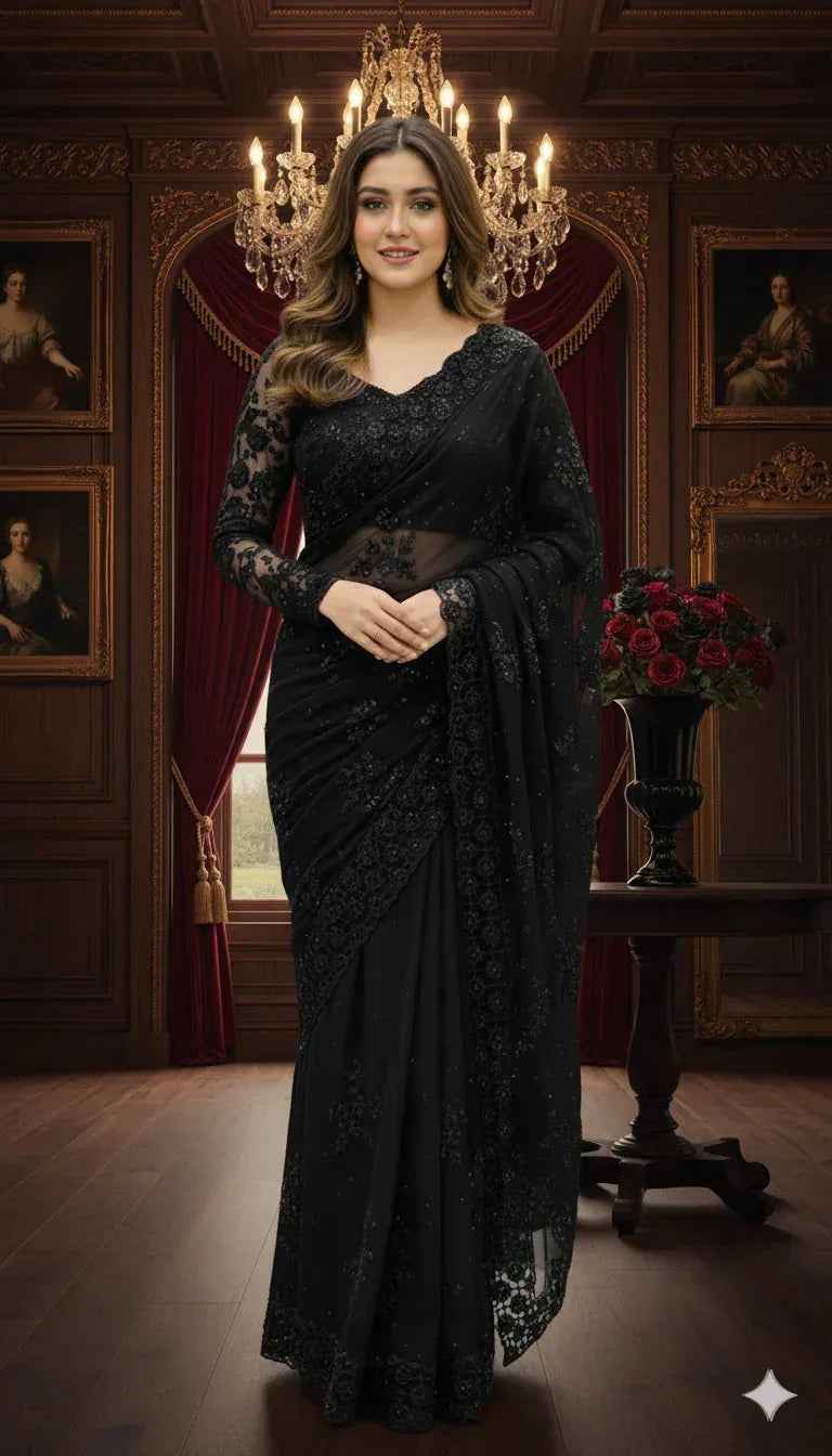 Woman in elegant black embroidered saree standing in a luxurious room with chandelier