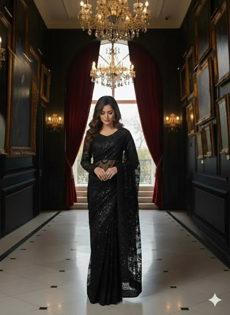 Woman in elegant black sequin saree standing in a grand hallway with chandeliers and red curtains