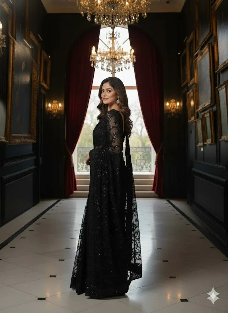 Woman in elegant black embroidered gown posing in luxurious hall with chandeliers