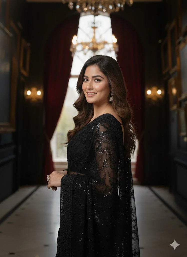 Woman in elegant black sequin saree standing in a luxurious hallway with chandeliers