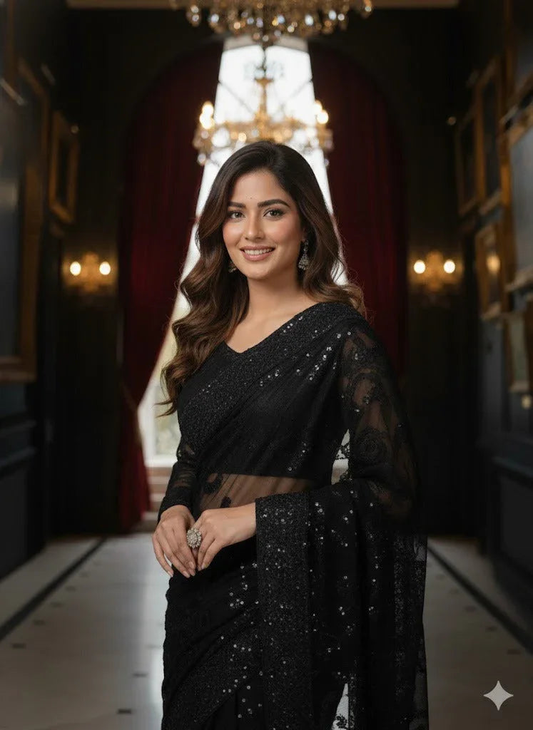 Woman in elegant black sequin saree standing indoors with chandelier and red curtains