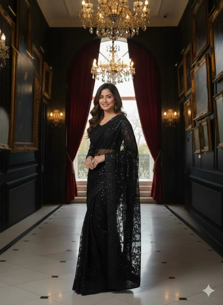 Woman in elegant black lace saree standing in luxurious hallway with chandeliers