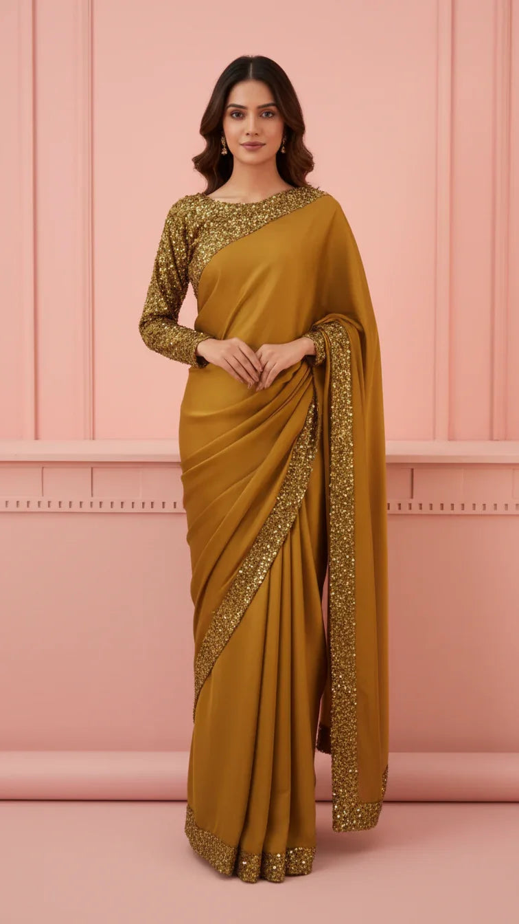 Woman wearing golden sequin embellished saree with matching blouse against pink background