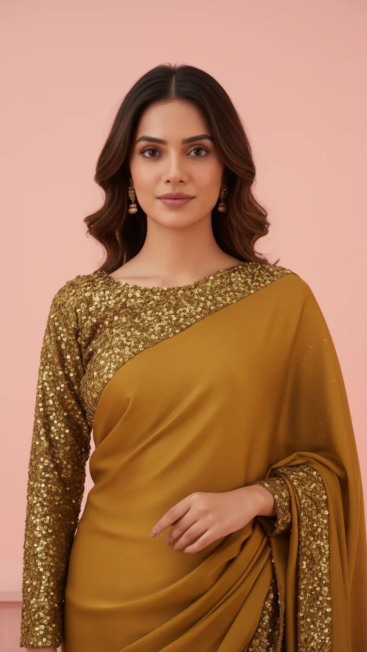Woman modeling a mustard yellow saree with gold sequin blouse and sleeve, elegant fabric fashion