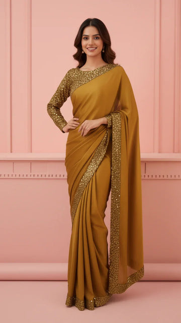 Woman wearing a mustard yellow saree with gold sequin border and matching blouse, posing indoors