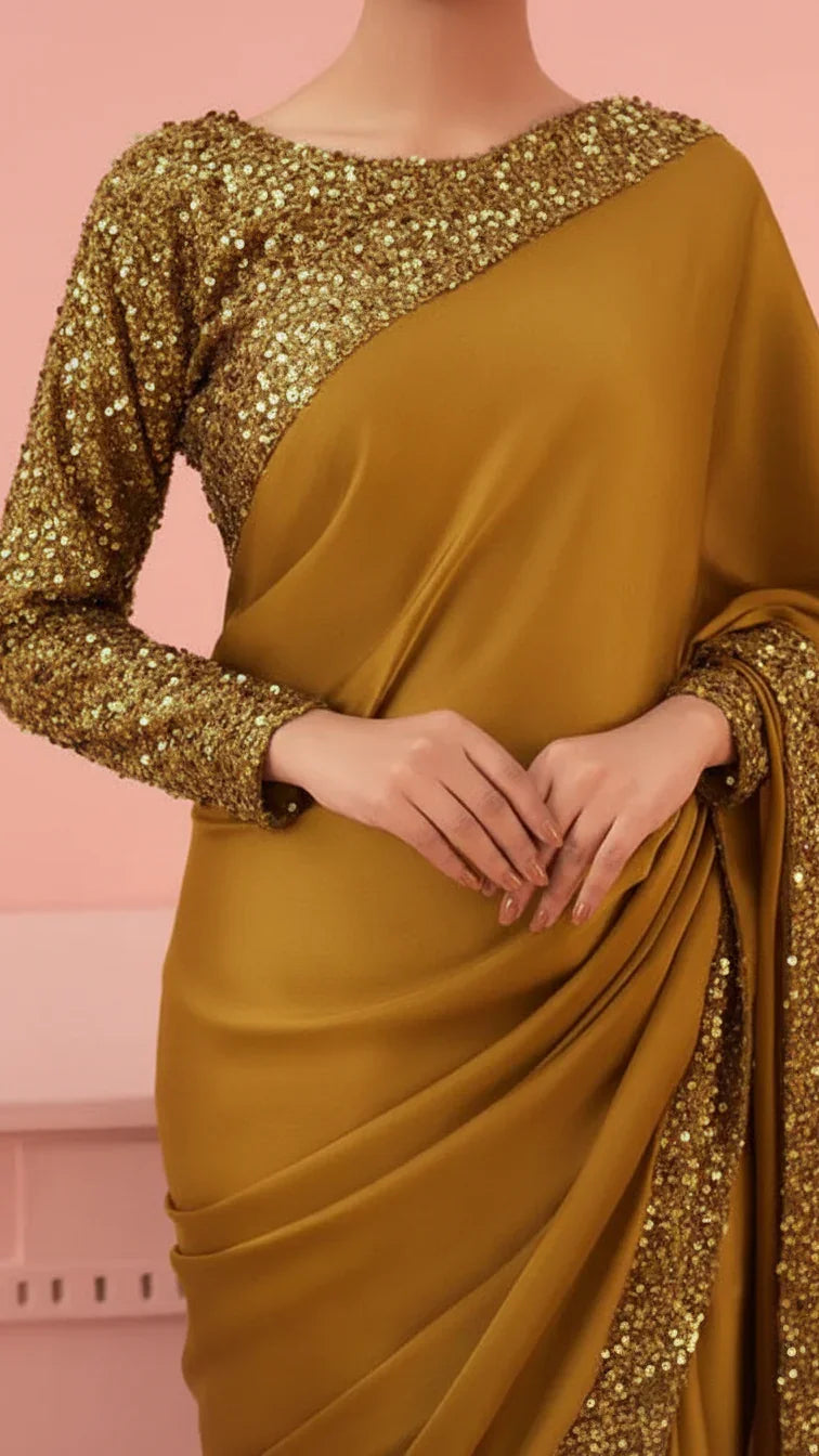 Gold sequin embellished saree with matching blouse, elegant party wear fabric