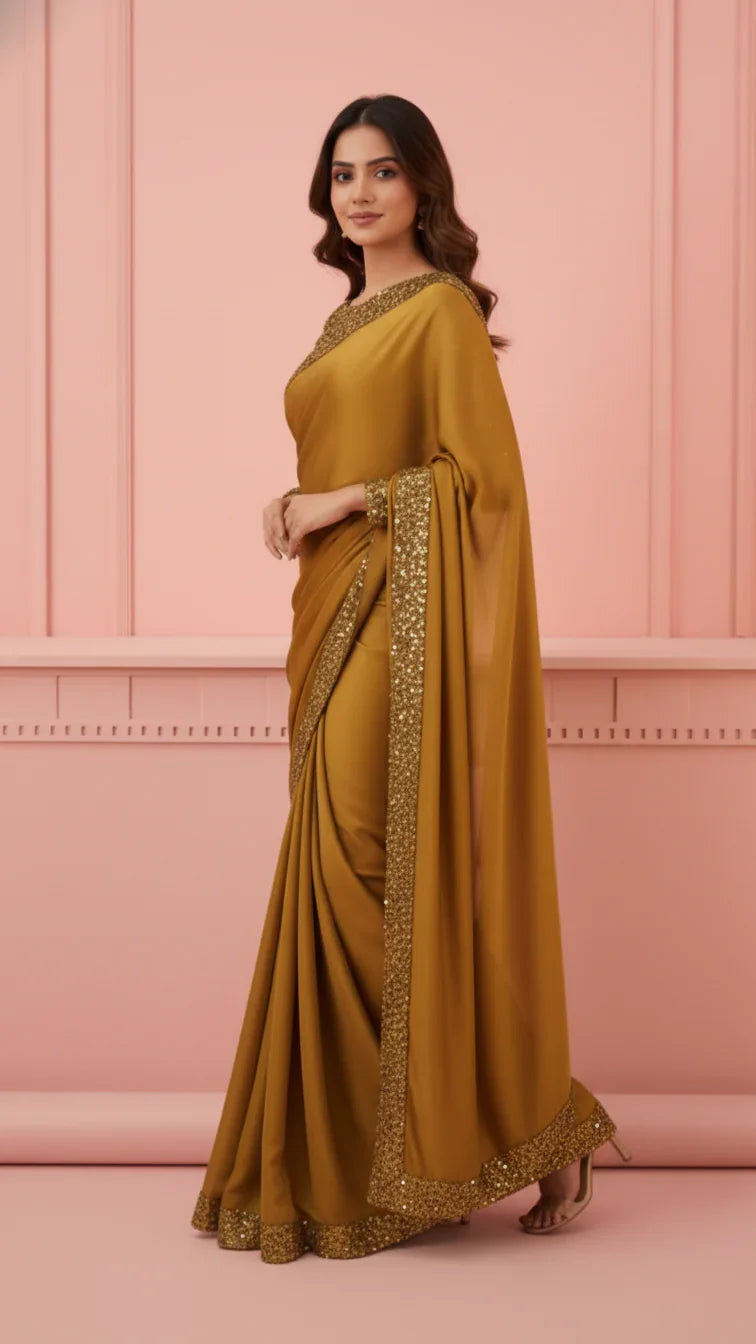 Woman wearing mustard yellow saree with glittering sequin border, standing against pink wall