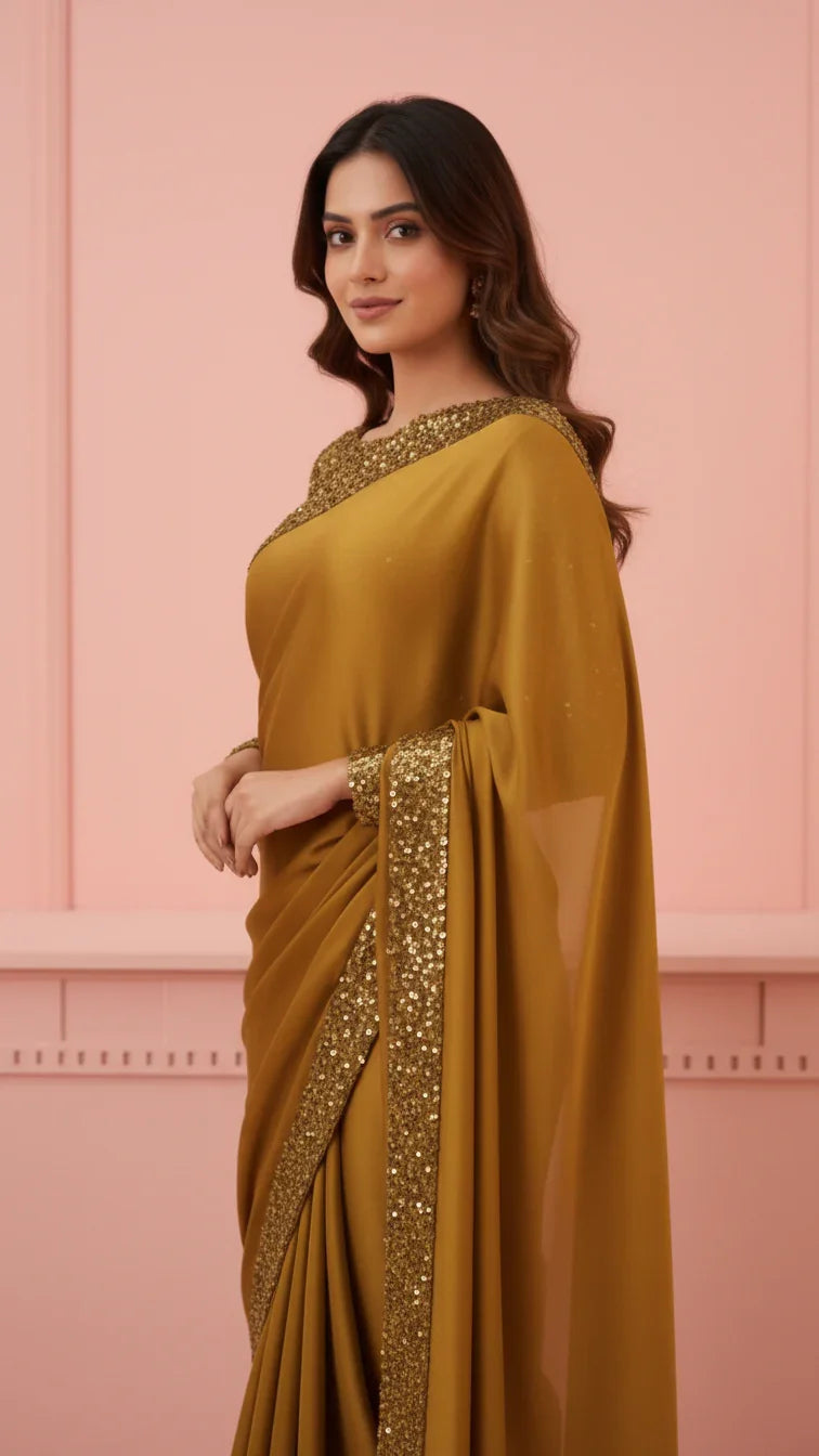 Woman in golden silk saree with sequin border standing against a pastel pink wall