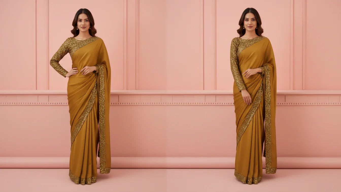 Woman in gold embroidered saree with long-sleeve blouse, Sareeium jan, pink background